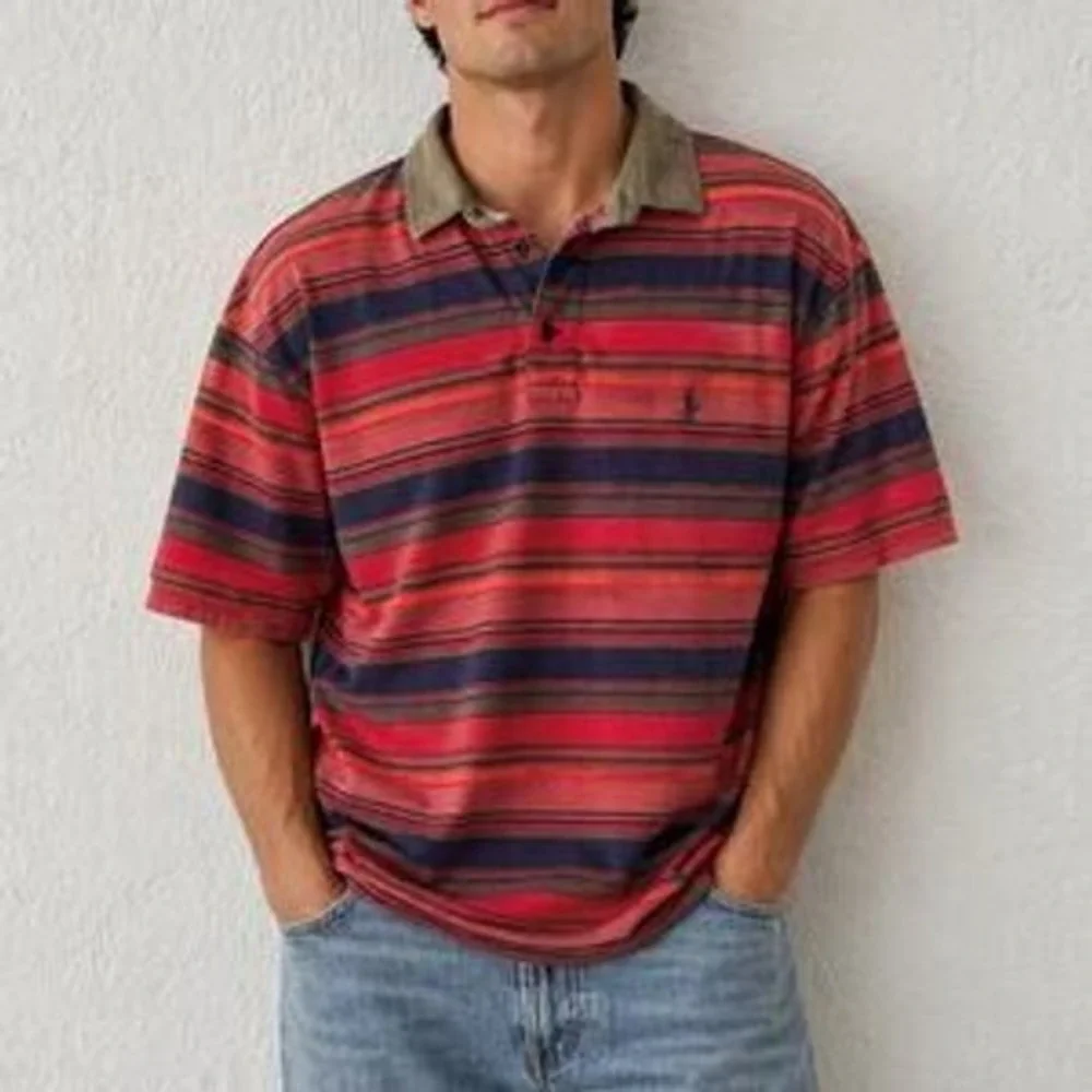 Vintage 90s Polo Ralph Lauren Mens XXL Striped Polo Shirt Red Navy Olive Green